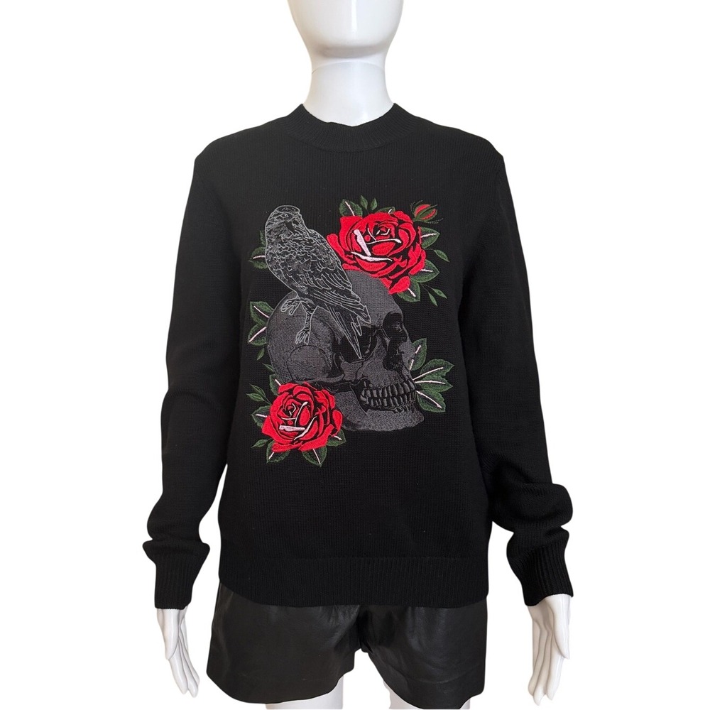 The Kooples Black Knit Crewneck Red Rose Skull Embroidery Sweatshirt Medium